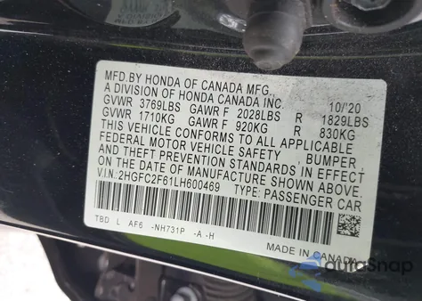 2020 Honda Civic Lx z USA, uszkodzony, nr VIN 2HGFC2F61LH600469